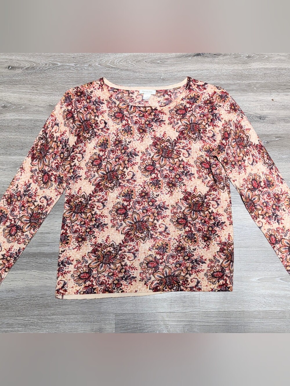 Garnet Hill 100% Merino Wool Pullover Sweater Size L Long Sleeve Pink Floral